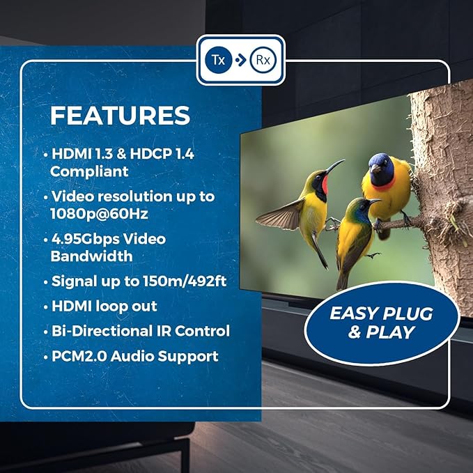 OREI HDMI Over Ethernet Extender with HDMI Loop Out, Bi-Directional IR, and PCM2.0 Audio – Extend 1080p@60Hz Up to 492ft Over CAT6/7