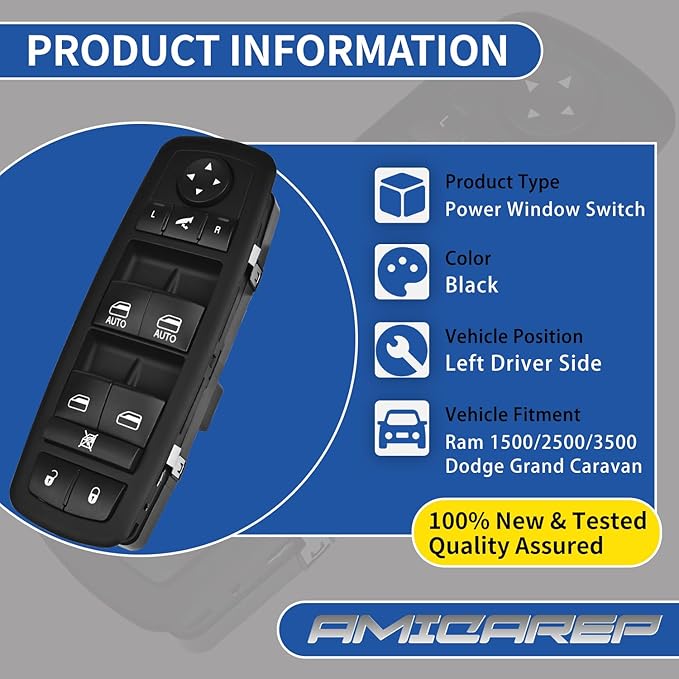 AMICAREP Master Power Window Switch Driver Side Compatible with 2012-2015 Dodge Grand Caravan Ram 1500 2500 3500 Chrysler Town & Country Replaces# 68110867AB (9+3 Pin; w/Power Folding Mirror; 4 Door)