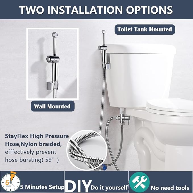 SonTiy Handheld Bidet Sprayer for Toilet, Adjustable Water Pressure Control Cloth Diaper Sprayer with Bidet Hose, Brass Hand Held Bidet Attachment Jet Spray for Toilet with Backflow Preventer, Chrome