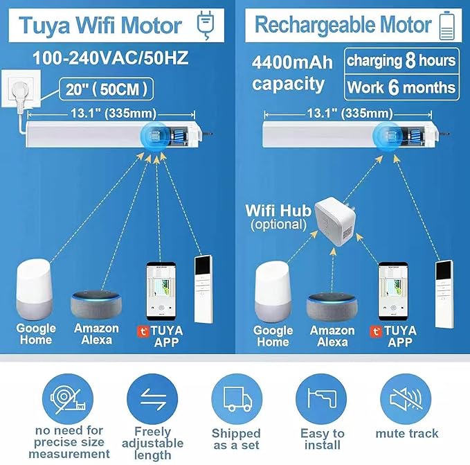 TIPIACE Rechargeable Motorized Curtain tracks to Remote Control Ceiling Mount Electric Retractable Curtain Rail Compatible with Alexa Google Home via Hub (L 66.9-118 inch)