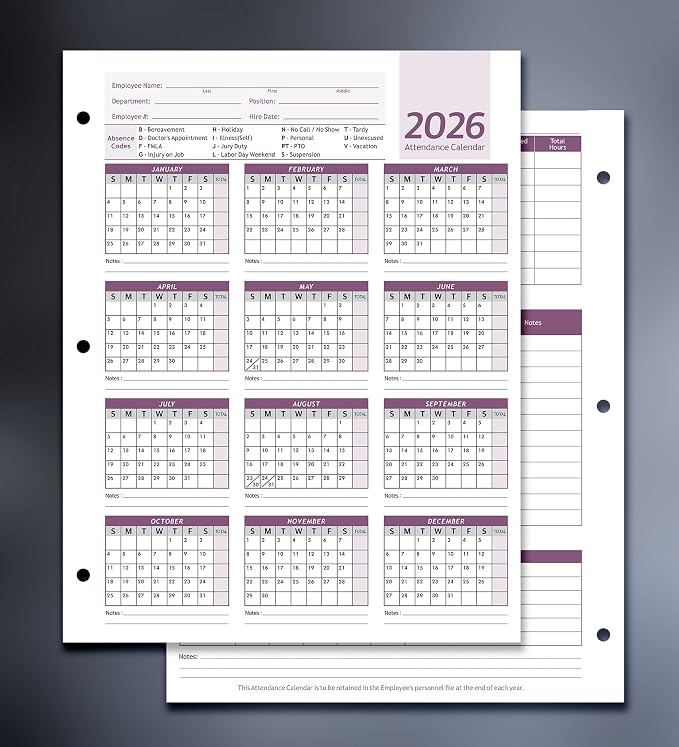Attendance Calendar Employee Card Attendance Record Tracker 2026, Heavy 100lb - Image 2