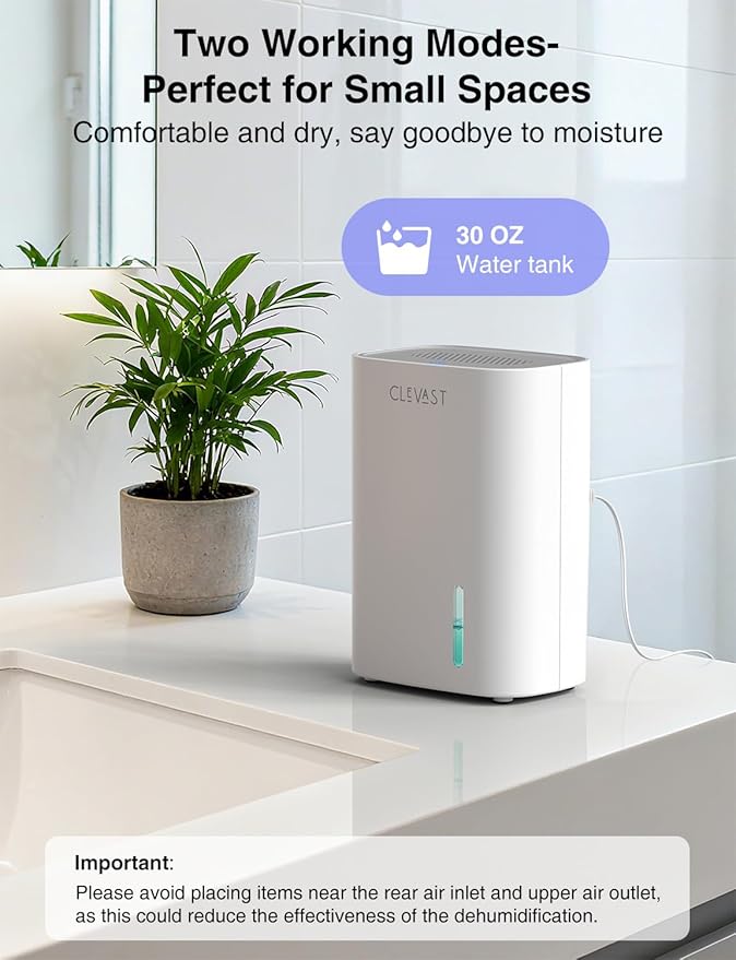 CLEVAST Small Dehumidifier for Home, 30oz Mini Quiet Dehumidifier for Bathroom & Bedroom, Portable Compact Air Dehumidifier for Closet, RV, Camper (285 sq. ft)