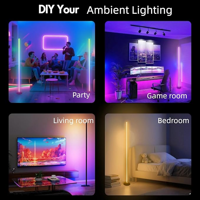 PTVGS LED RGB Corner Lamp: Smart RGB LED Corner Floor Lamp Adjustable Height with 16 Millon RGBWIC Color Changing Lights 300+ Scene,Music Sync&Timer,Ambient Lighting for Living Room,Bedroom,Game Room