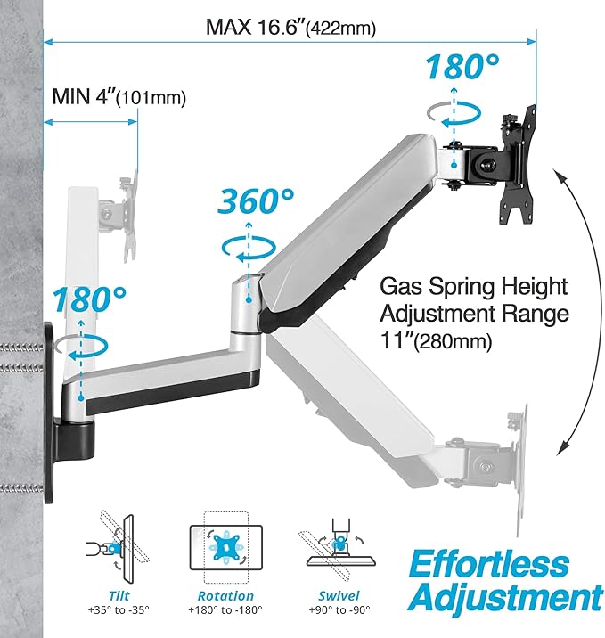 AVLT Single Extended 13"-32" Wall Mount - Curved/ Flat Monitor, Full Motion Height Swivel Tilt Rotation Adjustable Arm - VESA/Cable Management