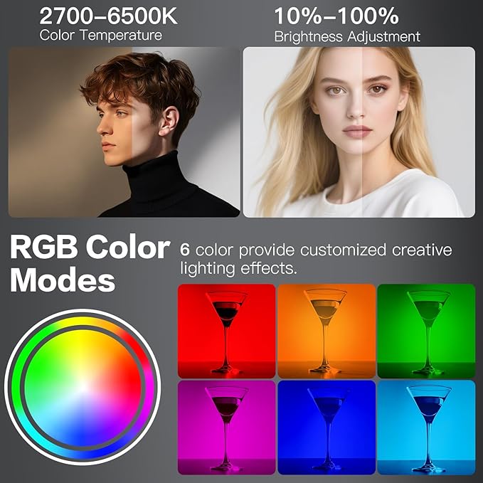Zealsound RGB Selfie Light, 138 LEDs, 360° Full Color Video Light, 2700–6500K Dimmable, 20 Effects, 1800mAh Rechargeable for Phone, iPhone, Camera, Computer, Webcam, Gaming, Makeup, Vlogging, TikTok