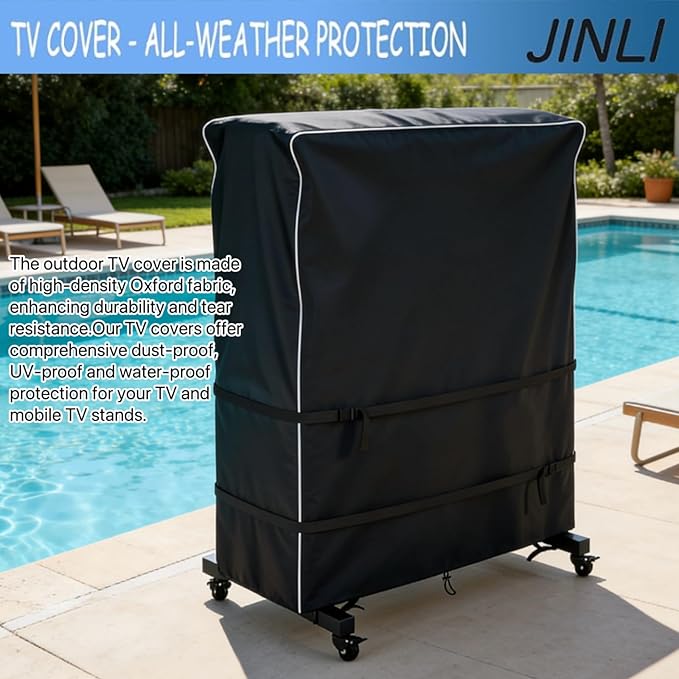 JINLI 45-50 inch outdoor TV trolley cover, courtyard TV cover, Oxford fabric waterproof and dustproof, triple windproof design, compatible with rolling/mobile stand