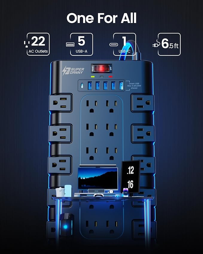 Power Strip, SUPERDANNY Surge Protector with 22 AC Outlets and 6 USB Charging Ports, 1875W/15A, 2100 Joules, 6.5Ft Flat Plug Heavy Duty Extension Cord for Home, Office, Dorm, Gaming Room, Black