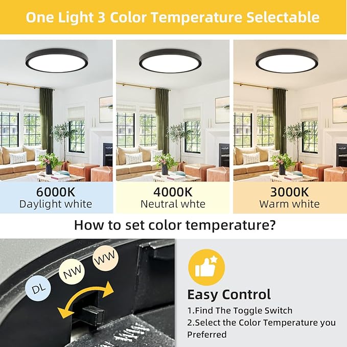RLEDPZTX Led Flush Mount Ceiling Light,16 Inch 32w 3480lm,3000k/4000k/6000k 3CCT Selectable, Round Modern Flat Panel Super Slim Led Ceiling Light,for Living Dining Kitchen Bedroom Room (2Pack-Black)
