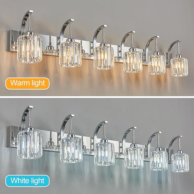 FDPBY 6-Light Crystal Vanity Light, Chrome Modern Wall Sconce with K9 Crystal Shades, 51.18" Long Over Mirror Lighting for Bathroom, Makeup, Hallway, Elegant & Easy Install