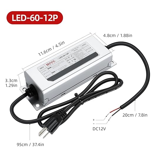 12V LED Driver 60 Watts Waterproof IP68 Power Supply Low Voltage Landscape Transformer AC 90-265V to 12V DC 5A Converter for Indoor Outdoor LED Strip and Any 12 V DC Device