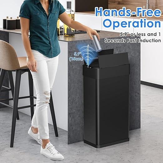 Arlopu 21.1 Gal Automatic Trash Can, 80L Stainless Steel Motion Sensor Garbage Bin, Touchless Brushed Wastebasket, W/Butterfly, Soft-Close Lid, for Living, Dinning Room, Kitchen (Black)