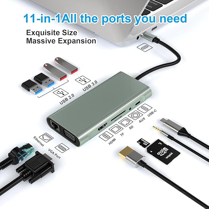 Vrebrey USB C Hub 11-in-1 Docking Station, Type-C Multiport Adapter with 4K HDMI, VGA, 100W PD, USB 3.0, RJ45 Ethernet, SD/TF Card Reader, AUX, Compatible with MacBook Pro/Air, Chromebook, Laptops