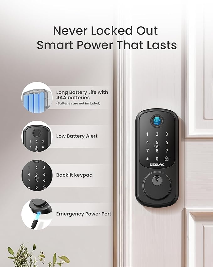DESLOC Smart Lock B200 WiFi Version, Fingerprint Keyless Entry Door Lock, App Remote Control, Smart Locks for Front Door, WiFi Deadbolt Smart Lock, Emergency Power Port,12 Months Battery, Auto Lock