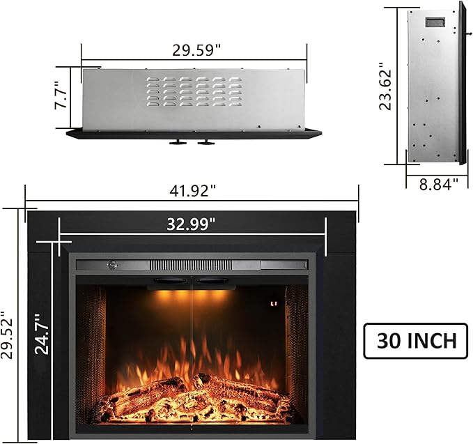 Velaychimny 42" Electric Fireplace Insert with Metal Trim Kit, Adjustable Flame, Fire Crackling Sound, Top Light Colors, Timer, Glass Door & Mesh Screen, Black