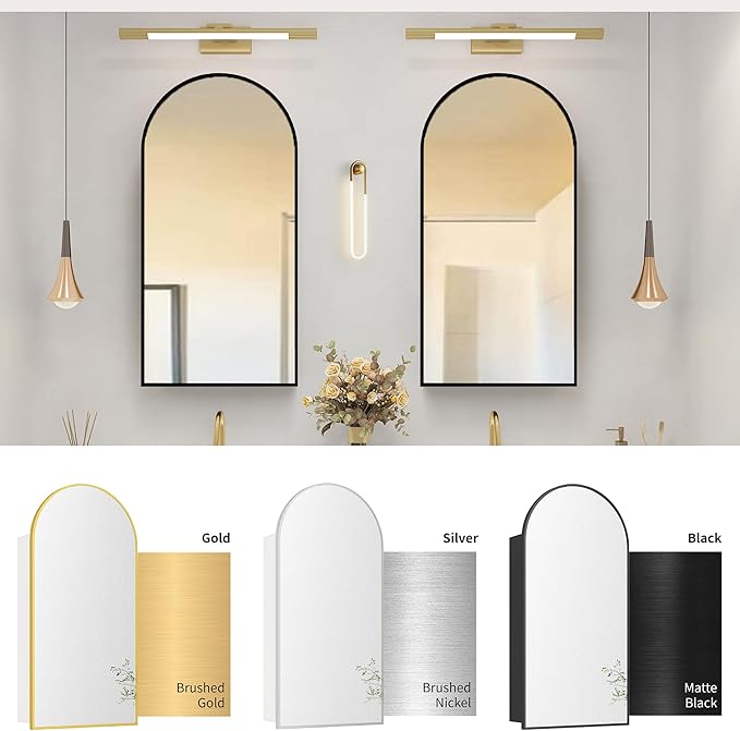 Arched Medicine Cabinet with Mirror,Vanity Mirror with Storage,Wall Mounted Medicine Cabinet with Adjustable Shelves, Reversible Door & HD Mirror,15.7x29.5 inch,Not Recessed,Black