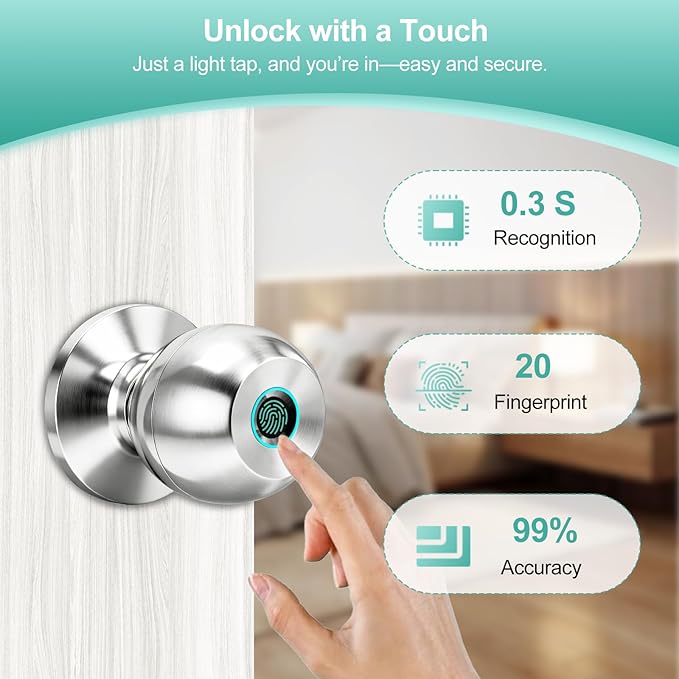 UMIK UMIKSMART Fingerprint Door Lock, Smart Door Knob, Keyless Entry Door Lock with App Control, Thumbprint Door Knob with Backup Key, Suitable for Home, Bedroom, Apartments, Garage, Office - Sliver