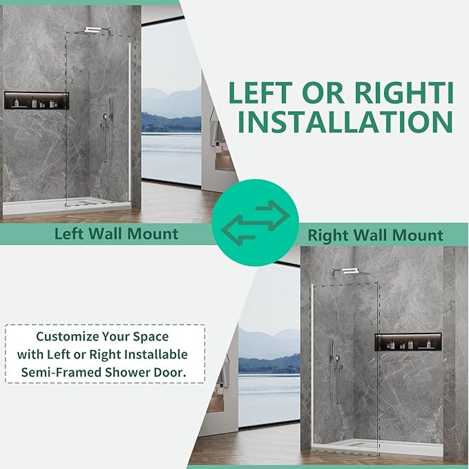35"x74" Semi-Framed Shower Screen, Single Fixed Shower Glass Panel for Bathroom, 3/8" Tempered Glass with Dual-Sided Nano Coating, Reversible Install, Matte Black