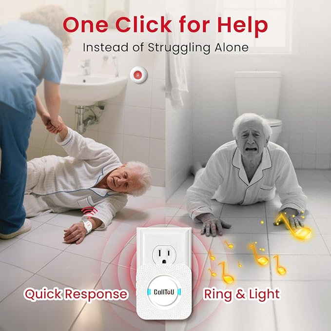 CallToU Caregiver Pager Wireless Call Button Nurse Alert System 500+ Feet for Home/Elderly/Patient/Disabled 1 Plugin Receiver 1 Waterproof Transmitter 1 Watch Transmitter