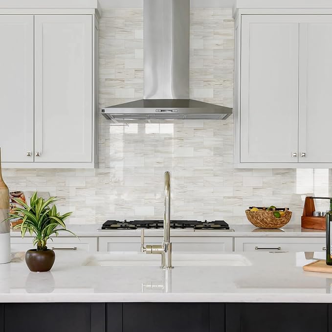 Vamos Tile 4-Piece Glossy Wooden Marble Grain Peel and Stick Backsplash Tile,3''x6'' PVC Subway Tile with White Grout, Stick on Backsplash for Kitchen/Bathroom/Fireplace