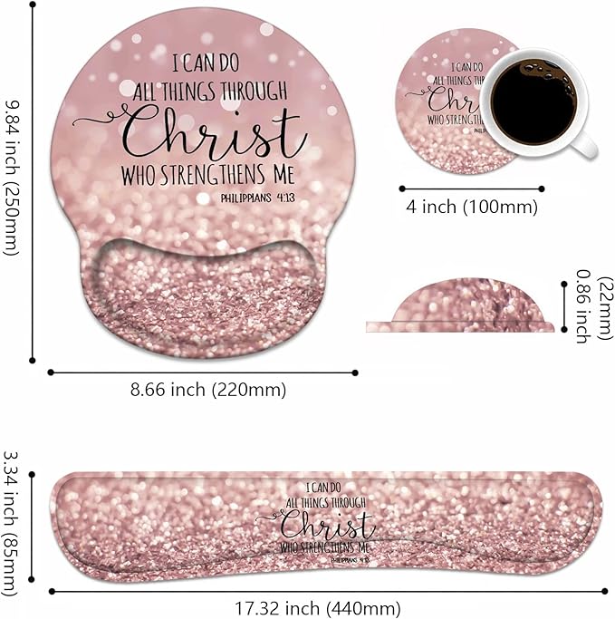 Keyboard Wrist Rest + Mouse Pad Wrist Support Set with Coasters, Non-Slip PU Base Ergonomic Mousepad for Home Office Working Studying Easy Typing & Pain Relief, Bible Verse Philippians 4-13