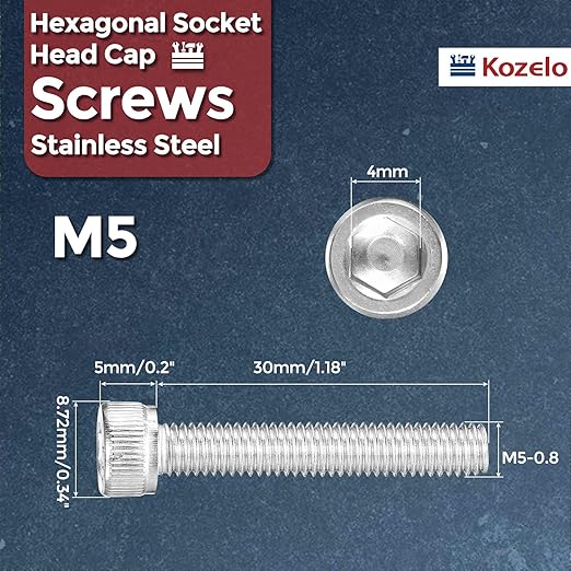 Kozelo 30pcs Socket Head Cap Screws - [M5-0.8 x 30mm] 304 Stainless Steel Allen Socket Drive for Electrical Motor 3D Printing Fan Engine Replacement Use, Silver