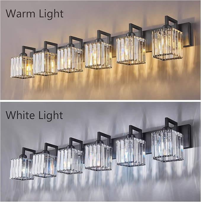 FDPBY Black Bathroom Light Fixture, 6-Light Crystal Vanity Lighting, Bathroom Lighting Fixtures Over Mirror, Modern Crystal Wall Lamp