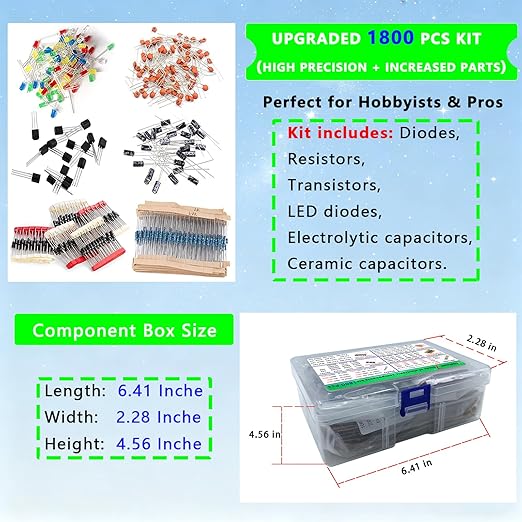 Nodehawk Electronic Component Kit -Total 1800 Pcs, LED Diodes, Resistors, Capacitors, Ceramic Capacitors, Transistors, Diodes - for DIY Projects, Electronics Hobbyists