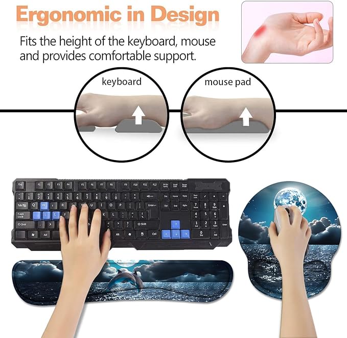 Keyboard Wrist Rest + Mouse Pad Wrist Support Set with Coasters, Non-Slip PU Base Ergonomic Mousepad for Home Office Working Studying Easy Typing & Pain Relief, Dolphin