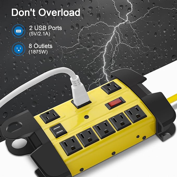 CCCEI Heavy Duty Power Strip with USB, Workshop 8 Outlet Surge Protector 2700 Joules, Industrial Metal 15Amp Power Strip, 20 FT Extension Cord and Wide Spaced Yellow.