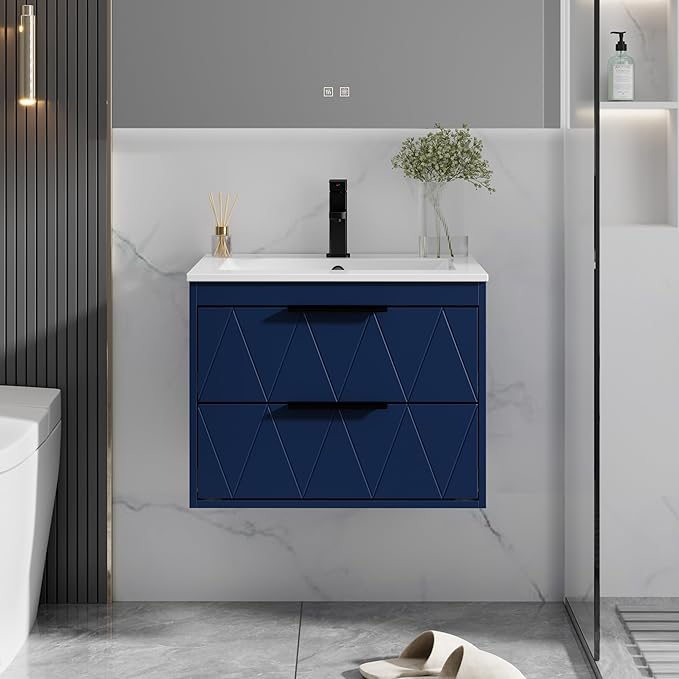 eclife 24" Bathroom Vanities Cabinet with Sink Combo, Wall Mounted Floating Cabinet W/Decor Line, Soft-Close System, 2 Extra Big Drawers, Matte Black Faucet, Navy Blue