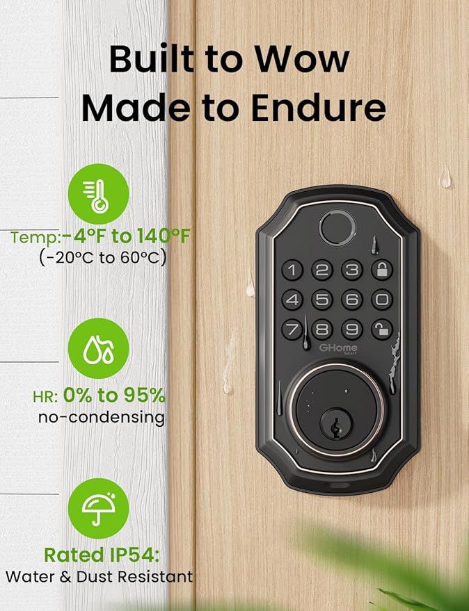 GHome Smart Door Lock KD30, Fingerprint Smart Deadbolt for Front Door, 5 in 1 Keyless Entry Door Lock, App Control, Auto Lock, 0.3s Unlock, Easy Install, for Home/Apartment/Office, Black