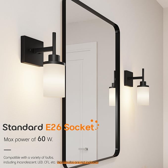 AONEON Wall Light Fixtures Matte Black Bathroom Vanity Lights Over Mirror with White Frosted Glass Shade, Wall Lamps for Porch Entrance, 2 Pack T001MB-L1-P2