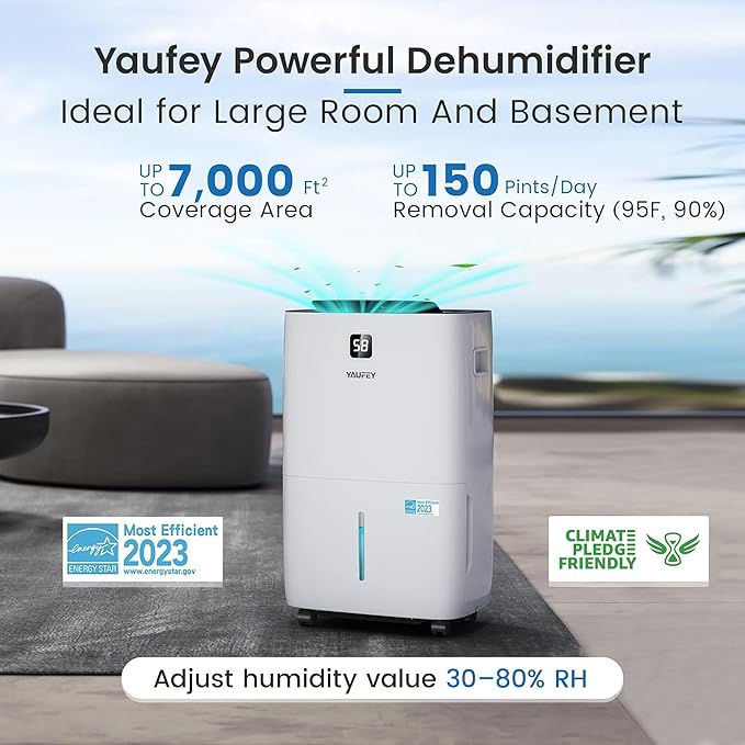 Yaufey 150 Pints Energy Star Dehumidifier for Home, Basement and Large Room up to 7000 Sq. Ft., with Drain Hose, Timer, Intelligent Humidity Control and Large Water Tank