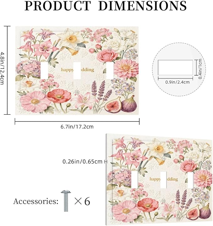 Bvtewkhz Floral Plant Watercolor Flowers 3 Gang Triple Toggle Decorative Outlet Covers Light Switch Plate Electrical Receptacle Switchplate For Bathroom Kitchen Bedroom
