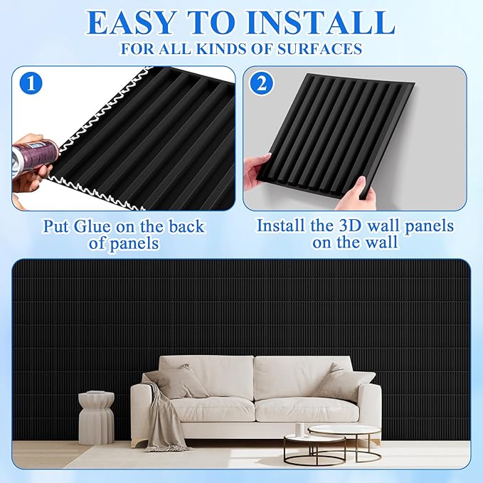 Nuanchu 32 Pcs 3D Slat Wall Panels 12 x 12 Inch PVC Fluted Textured Panel Cuttable Paintable DIY Wall Art Decorative Tiles for Ceiling Studio Bathroom Interior TV Background (Black)