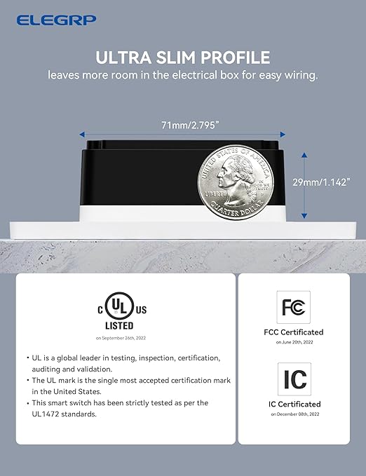 ELEGRP Smart Dimmer Light Switch DPR30, 2.4GHz Wi-Fi Dimmer Switch Compatible with Alexa and Google Assistant, Single Pole/3 Way, Needs Neutral Wire, No Hub Required, UL&FCC Listed, White, 2 Pack