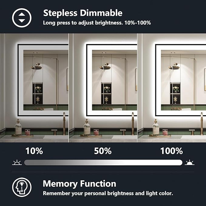 YEELAIT 24x30 Inch LED Bathroom Mirror with Lights (Front Lit and Backlit) Black Framed Lighted Vanity Mirror for Bathroom Wall Dimmable Anti-Fog Memory Tempered Glass Horizontal/Vertical