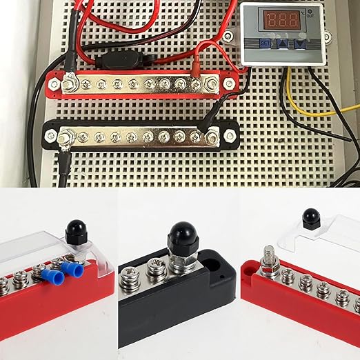 JUNXILPPD 12V Stainless Steel Bus Bar Marine Simplify Wiring Power Distribution Block Space Saving Battery Buss Bar High Security for Boat 2 x 1/4" Posts, 8 x #8 Screws Terminals (Black+Red)