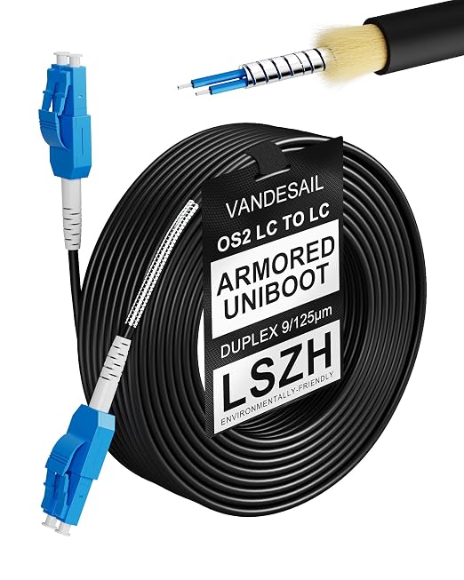 50M Uniboot Armored LC to LC Single Mode Fiber Patch Cable，OS2 Outdoor Fiber by VANDESAIL