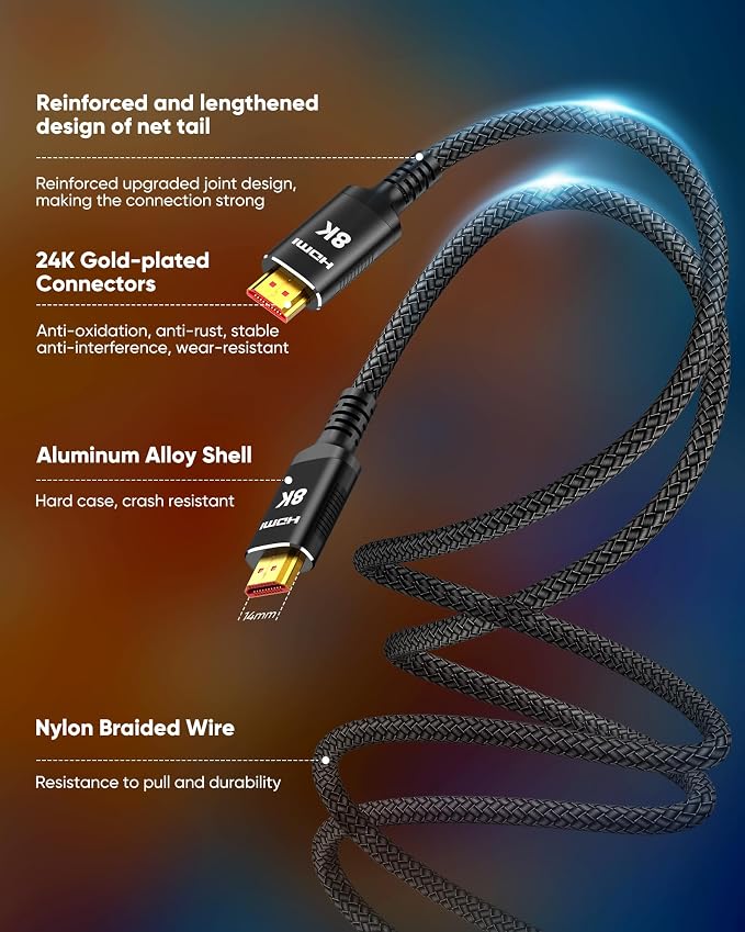 Snowkids 8K Long HDMI Cable 30 ft, Non-Slip Nylon Braided, 48Gbps Ultra - Image 4