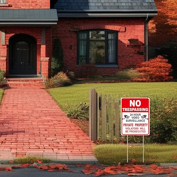 NO Trespassing Signs Private Property Video Surveillance Sign, Large 4-Pack 13"x10" Double-Sided Signs, Corrugated Plastic, H-Metal Stakes, Outdoor Yard Sign for Home and Front Door Land, and Garden, Lawn