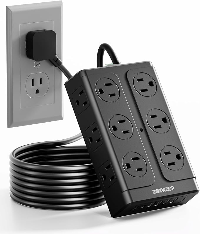 Zoxwzop Surge Protector Power Strip – 10FT Extension Cord with 12-Outlet 4 USB-A & 2 USB-C Ports, 1850W/15A, Flat Plug, Wall Mountable – ETL Listed for Home, Dorm Room