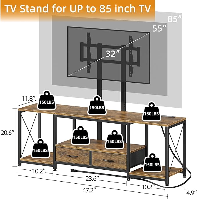 GYIIYUO LED TV Stand with Mount and Power Outlet & Fabric Drawers for 32-85 Inches TV - Entertainment Center and Corner Tv Stand for Living Room, Bedroom- 47" Rustic Brown (Max VESA 600mm × 400mm | with Mount, Power Outlet, Fabric Drawers, 32-85 Inches TV