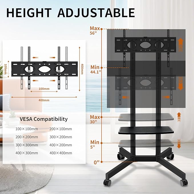 Solid Grace Rolling TV Stand with Wheels for 32-75 Inch TVs up to 88lbs, Portable TV Stand with Shelf, Mobile TV Cart for Living Room, Office, Meeting Room, Outdoor（MT2007 Upgrade Version）