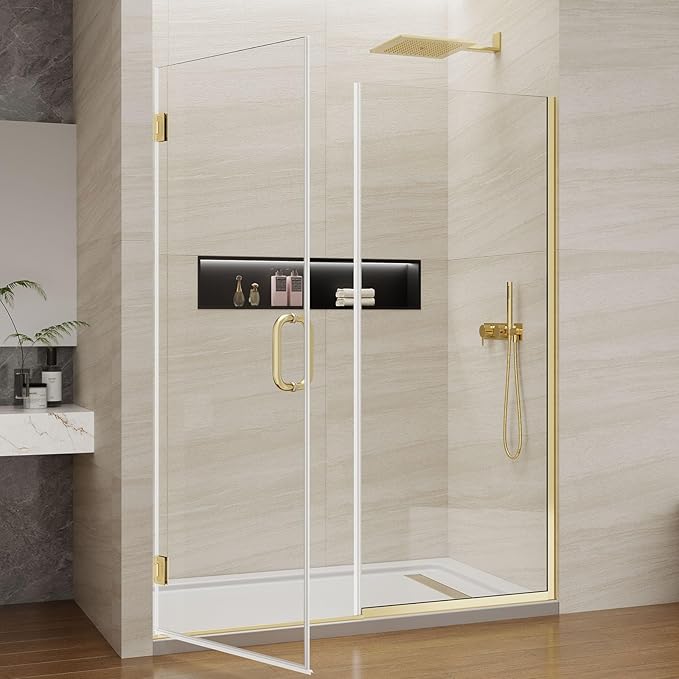 Pivot Swing Shower Door, Adjustable Width 58.9-60" W x 74" H Semi-Frameless Shower Glass Door with 5/16 in (8mm) Clear SGCC Tempered Glass with Nano Easy-Clean Coating (Brushed Gold)