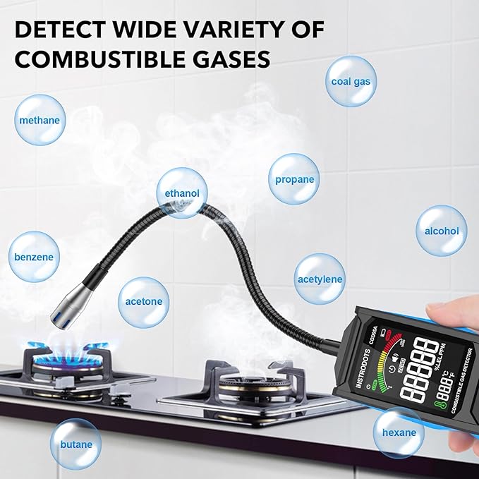 INSTRODOTS Natural Gas Detector, Gas Leak Detector with Audible & Visual Alarm, Rechargeable Gas Sniffer with 11.3-inch Gooseneck, Locating Propane, Natural Gas, Combustible Gas Leak for Home and RV