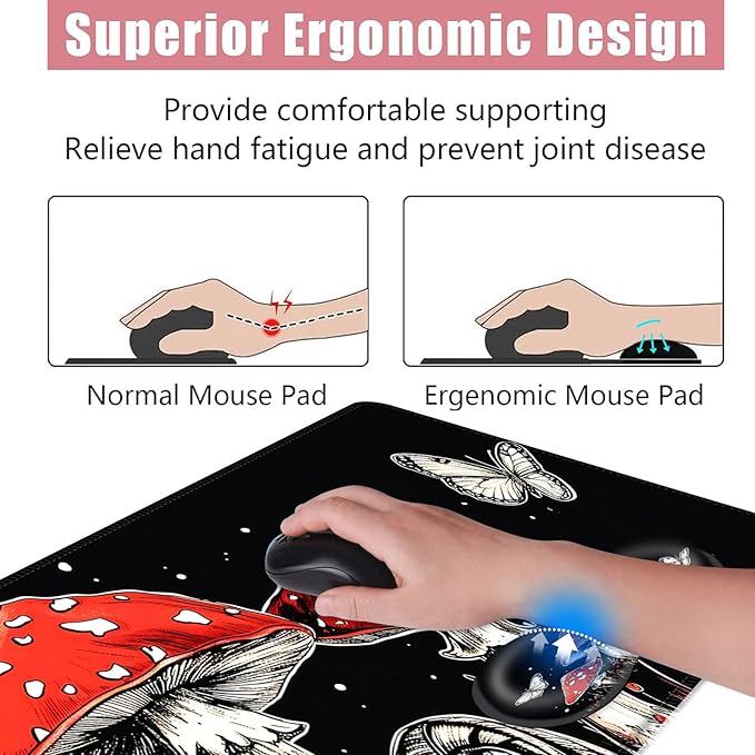 BFUKVOU Large Keyboard Mouse Pad Set, Extended Mouse Pad+Keyboard Wrist Rest Support, Memory Foam Ergonomic Easy Typing, 4Pcs (31.5×11.8 in) Desk Pad Set for Office Home,Mushrooms and Butterflies