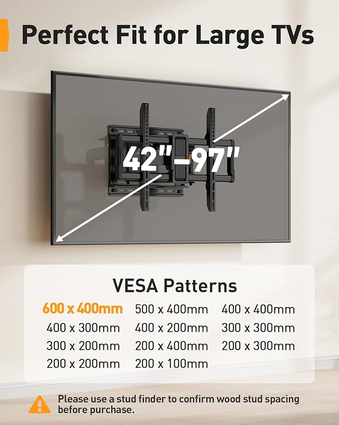 Perlegear UL-Listed Full Motion TV Wall Mount for 40–86 Inch Flat Curved TVs up to 132 lbs, 12″/16″ Wood Studs, TV Mount Bracket with Tool-Free Tilt, Swivel, Extension, Max VESA 600 x 400mm, PGLF15