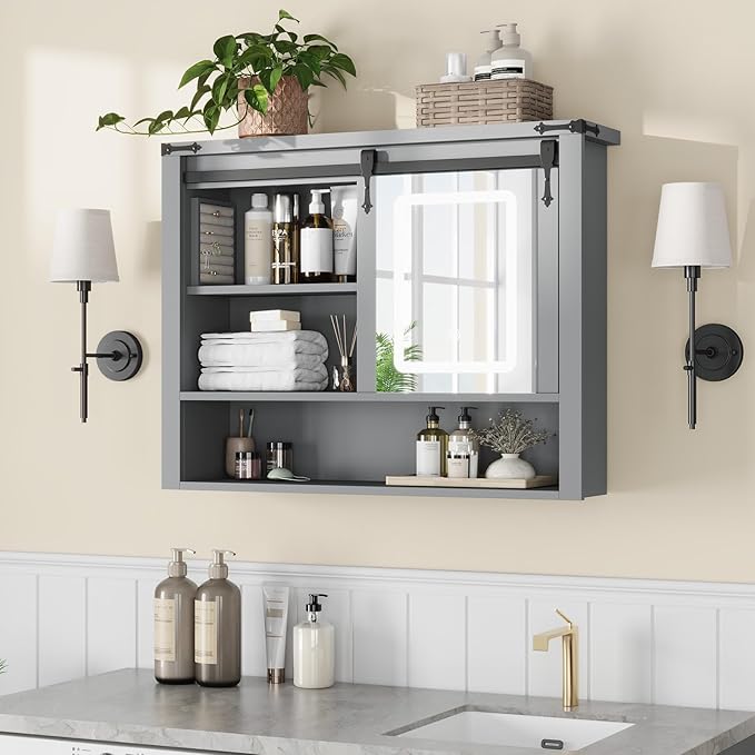 QUW 31" Farmhouse Bathroom Wall Cabinet, Bathroom Medicine Cabinets with Mirror, Over Toilet Wall Storage Cabinet, 3 Lighting Modes, Adjustable Brightness, Jewelry Holder, Sliding Door, Grey