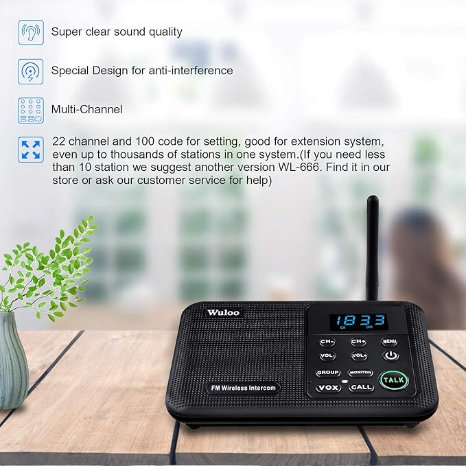 Wuloo Intercoms Wireless for Home 1 Mile Range 22 Channel 100 Digital Code Display Screen, Wireless Intercom System for Home House Business Office, Room to Room Intercom Communication(2Stations,Black)
